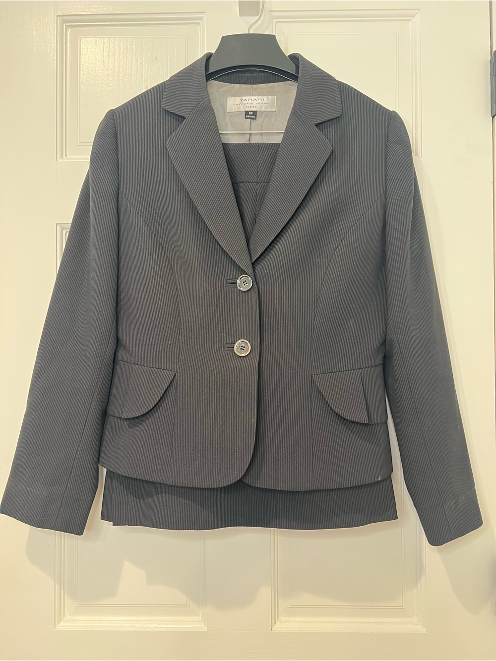 Tahari ASL Women's Charcoal Pinstripe Two-Button Suit Jacket and Skirt